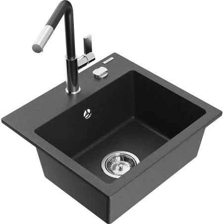 Mexen Milo granite sink 1-bowl with Flora kitchen tap, speckled black - 6505-76-670401-07