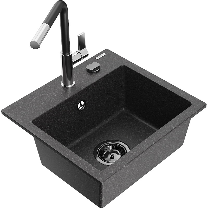 Mexen Milo granite 1-bowl kitchen sink with Flora faucet, black speckled - 6505-76-670401-07-B