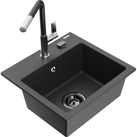 Mexen Milo granite 1-bowl kitchen sink with Flora faucet, black speckled - 6505-76-670401-07-B