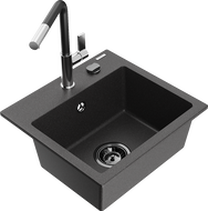 Mexen Milo 1-bowl granite sink with Flora kitchen faucet, speckled black - 6505-76-670401-07-B