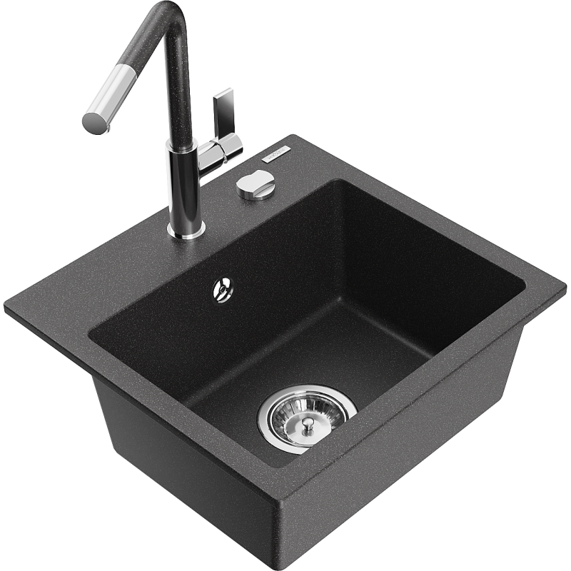 Mexen Milo 1-compartment granite sink with a kitchen mixer tap Flora, Black/Gold metallic - 6505-76-670401-08