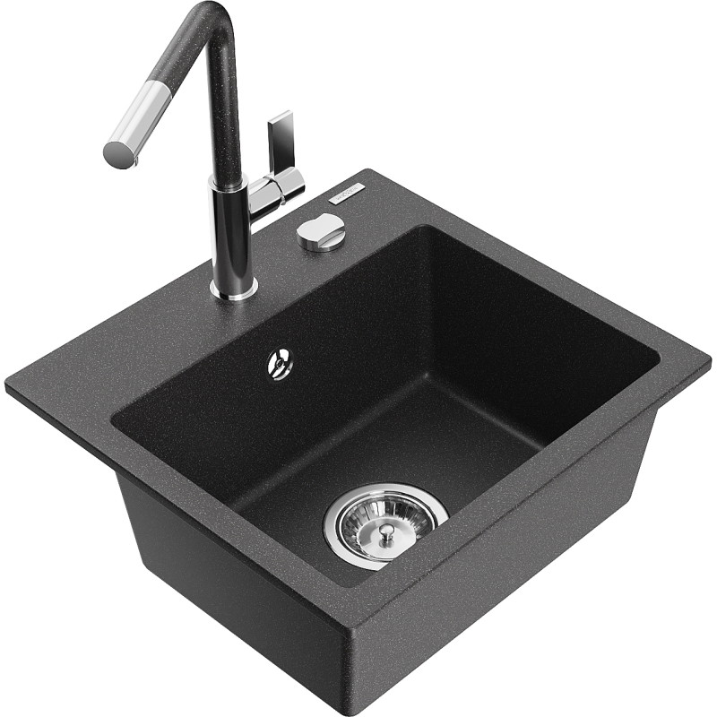Mexen Milo one-bowl granite sink with Flora kitchen faucet, black/gold metallic - 6505-76-670401-08