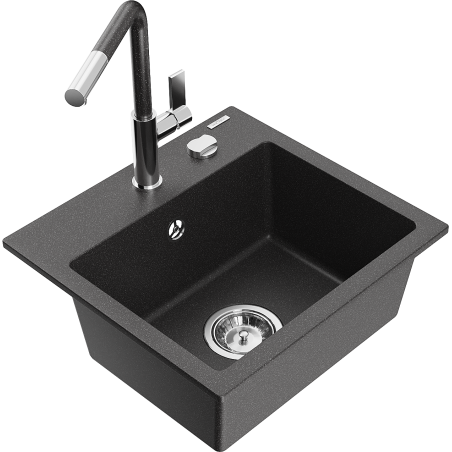 Mexen Milo 1-bowl granite sink with Flora kitchen tap, black/gold metallic - 6505-76-670401-08