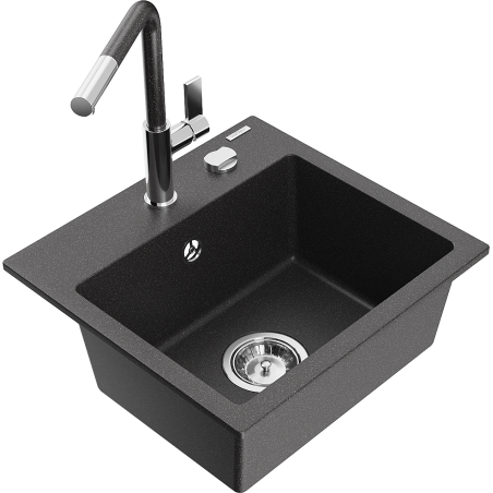 Mexen Milo one-bowl granite sink with Flora kitchen faucet, black/gold metallic - 6505-76-670401-08