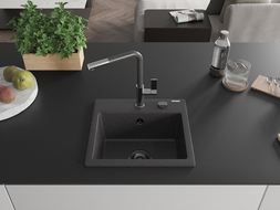 Mexen Milo 1-compartment granite sink with a kitchen mixer tap Flora, spotted black - 6505-76-670401-08-B