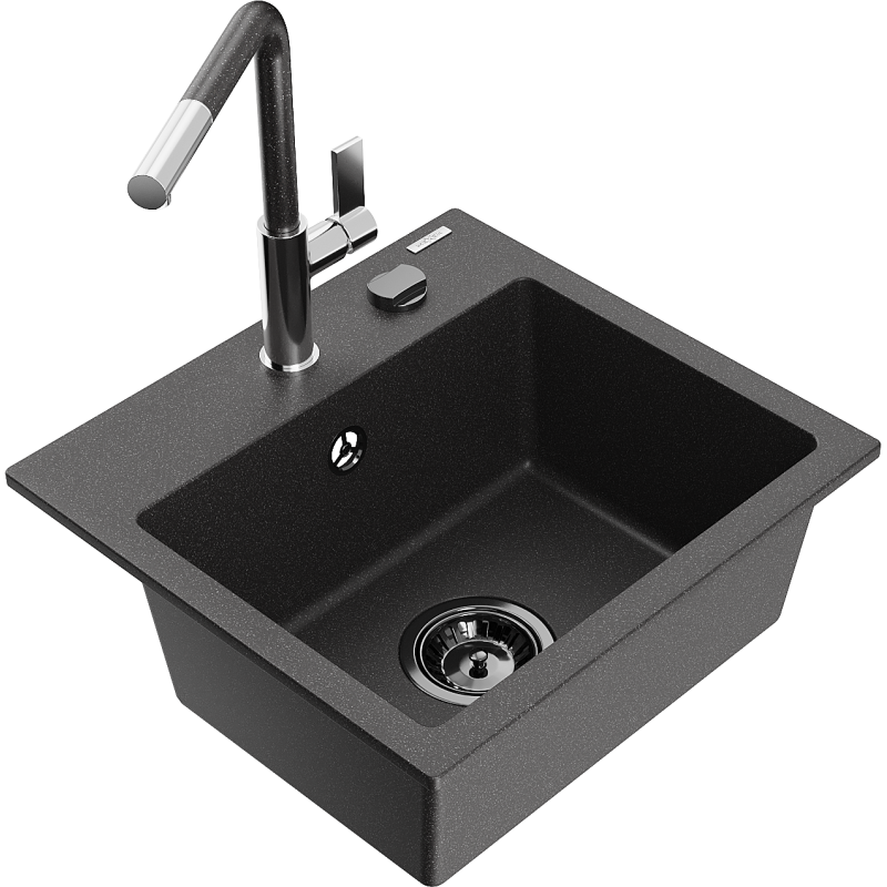 Mexen Milo granite sink 1-bowl with Flora kitchen tap, black speckled - 6505-76-670401-08-B