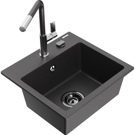 Mexen Milo granite kitchen sink 1-bowl with Flora kitchen faucet, speckled black - 6505-76-670401-08-B