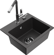 Mexen Milo 1-bowl granite sink with Flora kitchen faucet, speckled black - 6505-76-670401-08-B