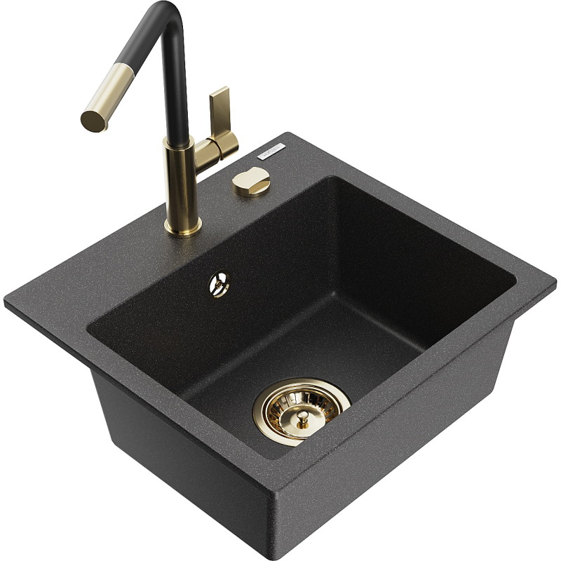 Mexen Milo 1-bowl granite sink with Flora kitchen faucet, black speckled - 6505-76-670401-57-G