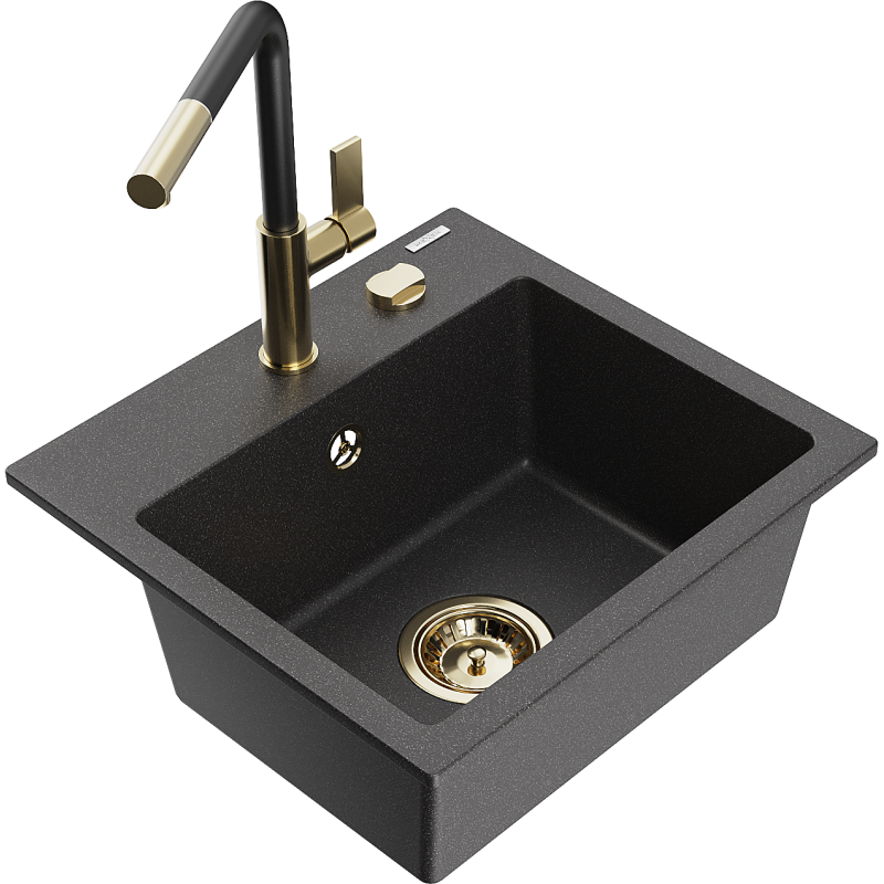 Mexen Milo 1-compartment granite sink with a kitchen mixer tap Flora, spotted black - 6505-76-670401-57-G
