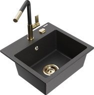 Mexen Milo 1-bowl granite sink with Flora kitchen faucet, black speckled - 6505-76-670401-57-G