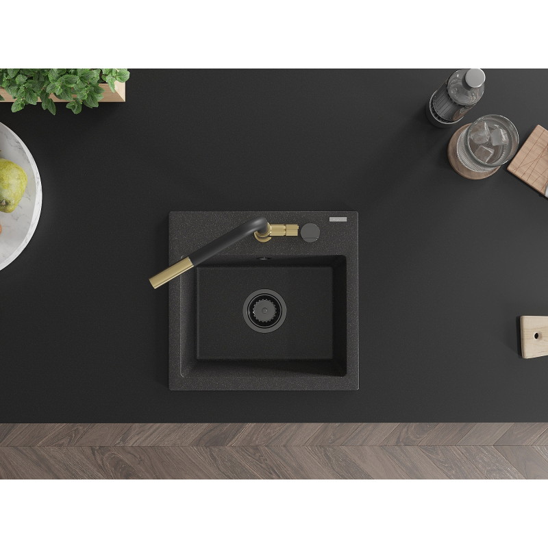 Mexen Milo 1-Bowl Granite Sink with Kitchen Faucet Flora, Speckled Black - 6505-76-670401-57-B