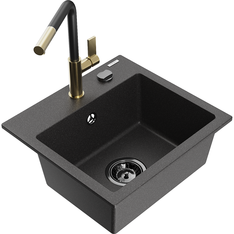 Mexen Milo 1-bowl granite kitchen sink with Flora tap, black speckled - 6505-76-670401-57-B