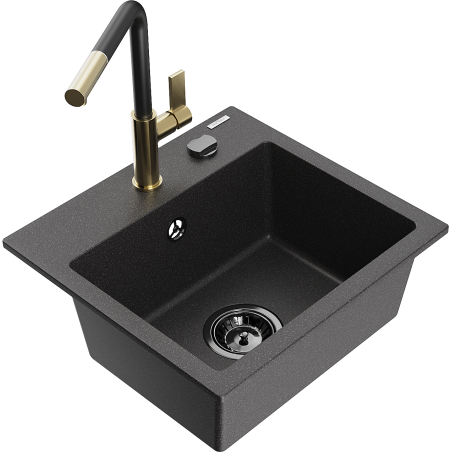 Mexen Milo 1-Bowl Granite Sink with Kitchen Faucet Flora, Speckled Black - 6505-76-670401-57-B