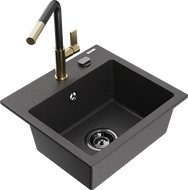 Mexen Milo 1-bowl granite sink with Flora kitchen faucet, black speckled - 6505-76-670401-57-B