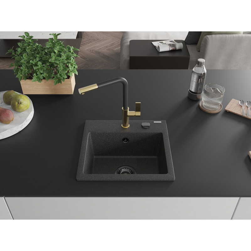 Mexen Milo 1-Bowl Granite Sink with Kitchen Faucet Flora, Speckled Black - 6505-76-670401-57-B