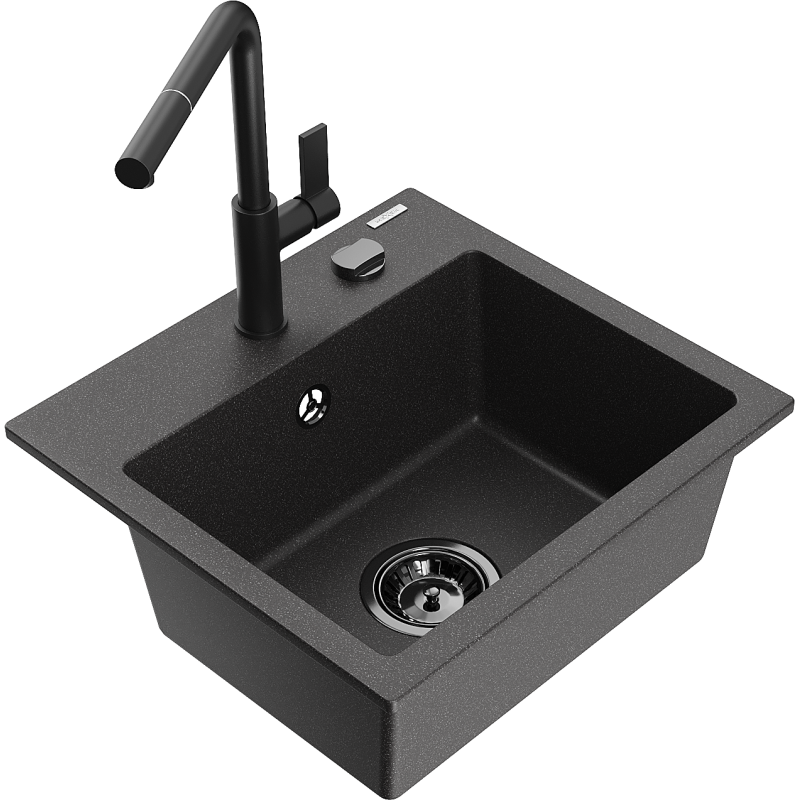 Mexen Milo 1-bowl granite sink with Flora kitchen tap, black speckled - 6505-76-670401-70-B