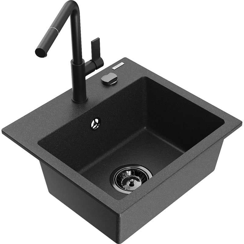 Mexen Milo 1-chamber granite sink with Flora kitchen faucet, speckled black - 6505-76-670401-70-B