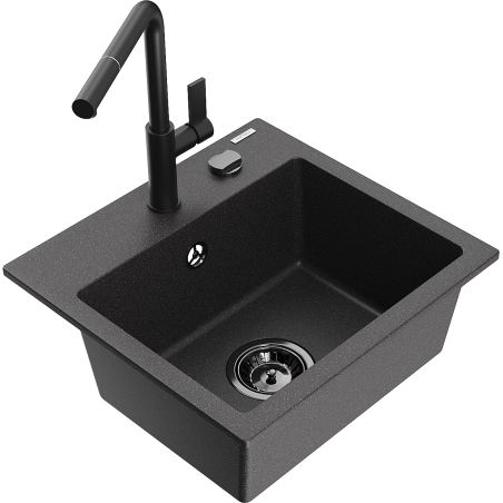 Mexen Milo 1-bowl granite sink with Flora kitchen tap, black speckled - 6505-76-670401-70-B