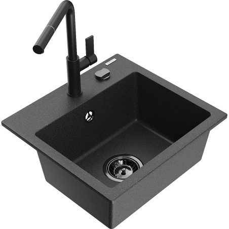 Mexen Milo 1-chamber granite sink with Flora kitchen faucet, speckled black - 6505-76-670401-70-B