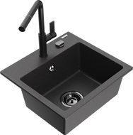 Mexen Milo 1-bowl granite sink with Flora kitchen faucet, speckled black - 6505-76-670401-70-B