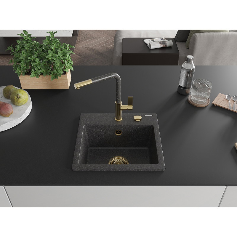 Mexen Milo 1-bowl granite sink with Flora kitchen faucet, black speckled - 6505-76-670401-75-G