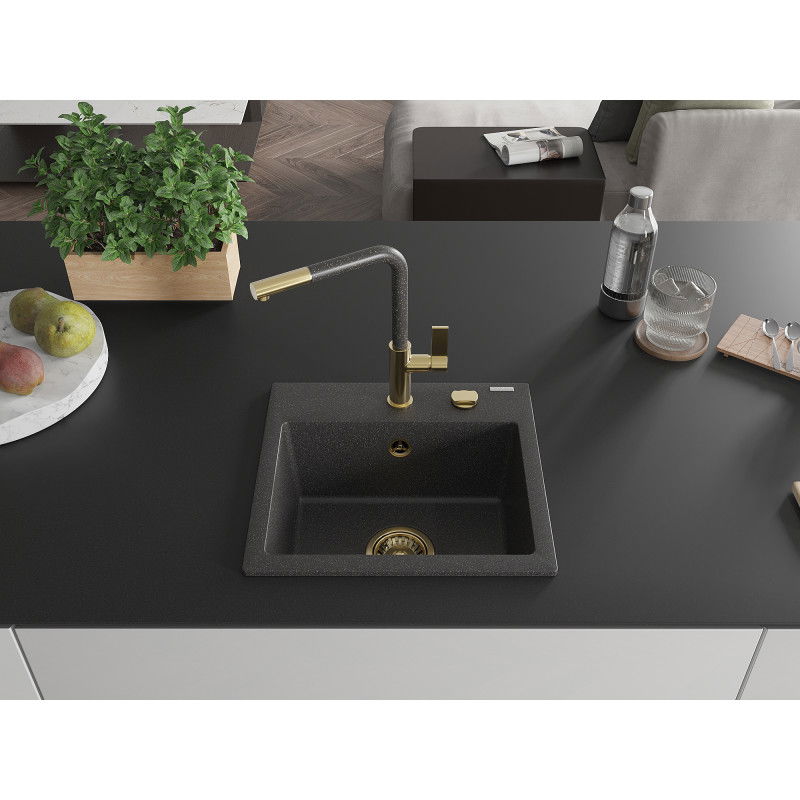 Mexen Milo one-bowl granite sink with Flora kitchen tap, black speckled - 6505-76-670401-75-G