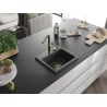 Mexen Milo one-bowl granite sink with Flora kitchen tap, black speckled - 6505-76-670401-75-G