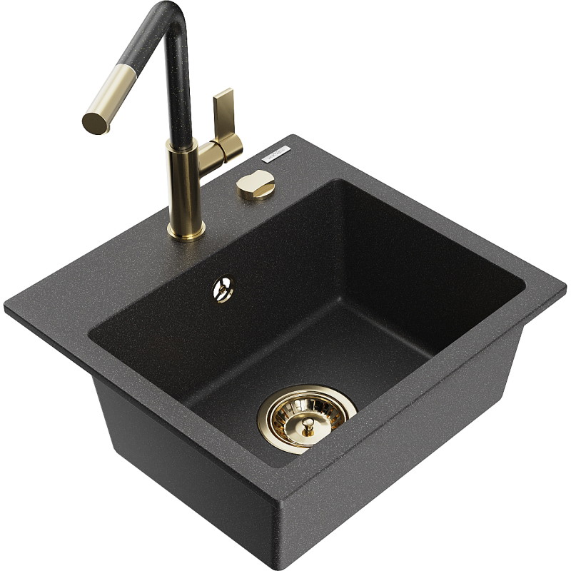 Mexen Milo 1-bowl granite sink with Flora kitchen faucet, black speckled - 6505-76-670401-75-G