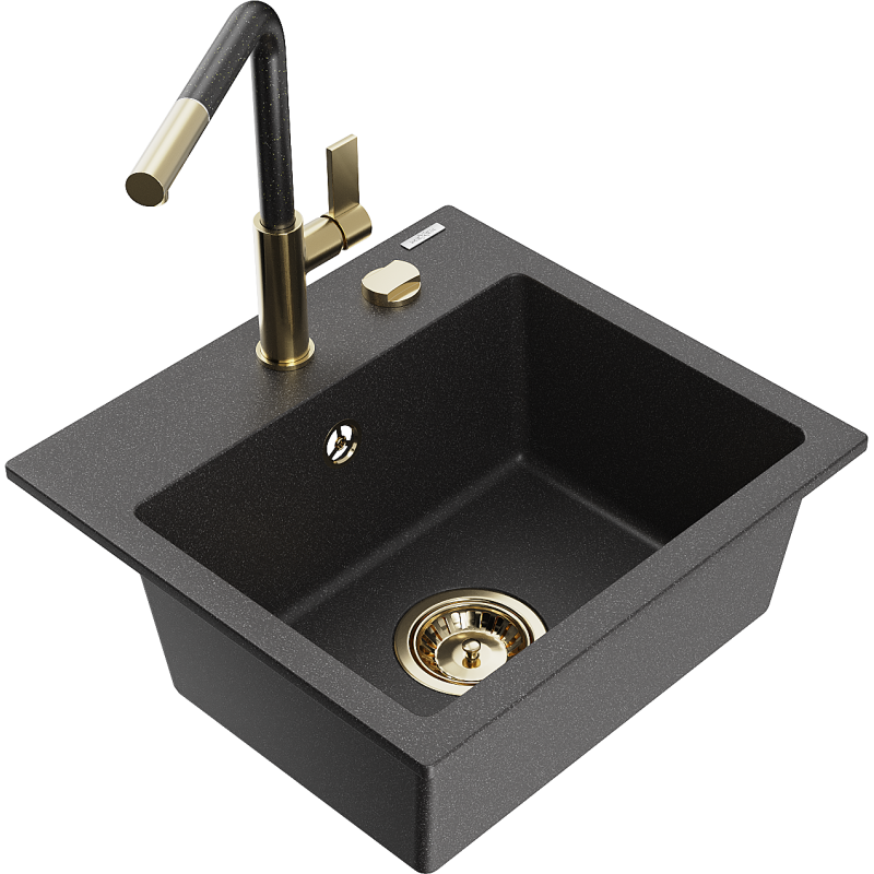 Mexen Milo one-bowl granite sink with Flora kitchen tap, black speckled - 6505-76-670401-75-G
