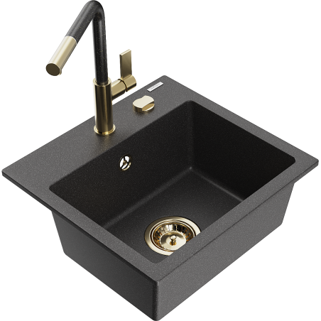 Mexen Milo 1-bowl granite sink with Flora kitchen faucet, black speckled - 6505-76-670401-75-G