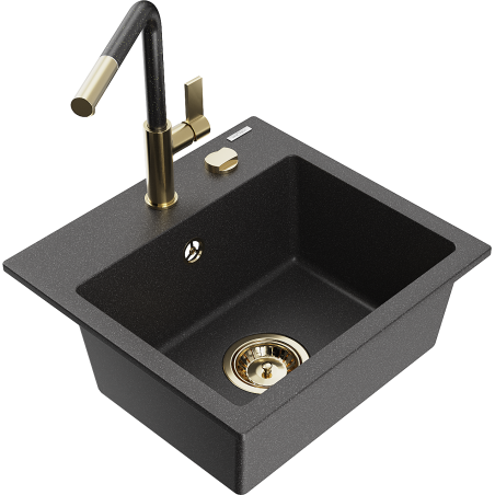 Mexen Milo one-bowl granite sink with Flora kitchen tap, black speckled - 6505-76-670401-75-G
