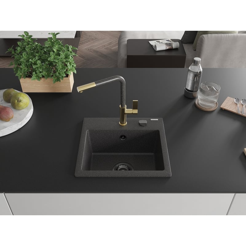 Mexen Milo granite kitchen sink single bowl with Flora kitchen faucet, black speckled - 6505-76-670401-75-B