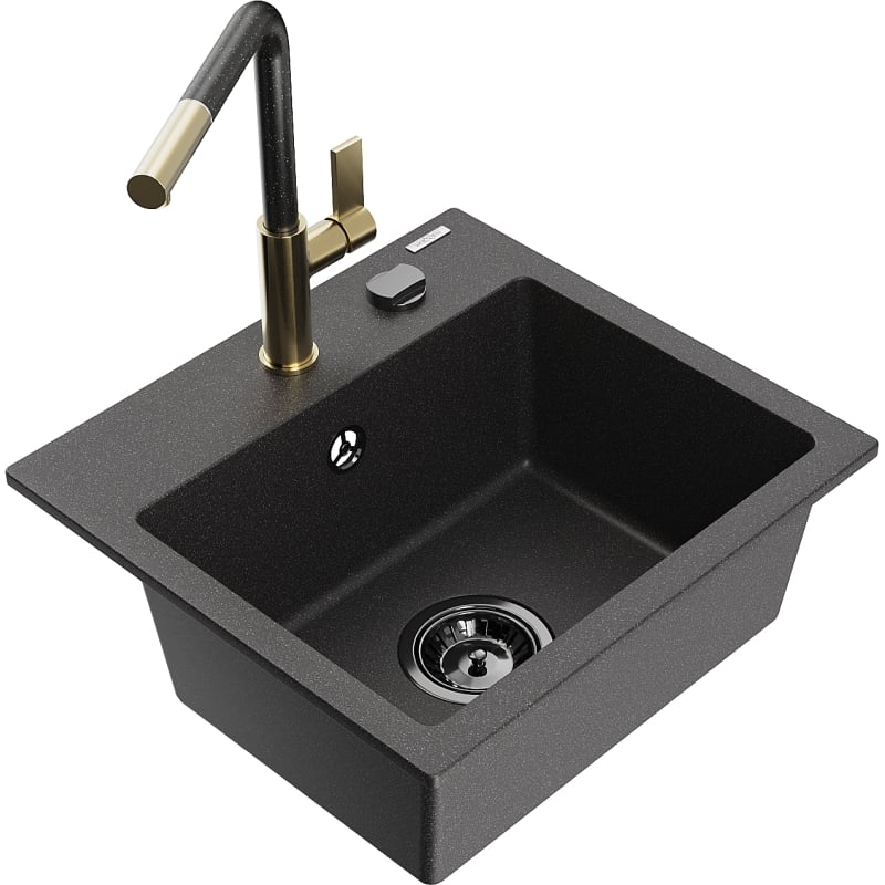 Mexen Milo 1-bowl granite sink with Flora kitchen faucet, black speckled - 6505-76-670401-75-B