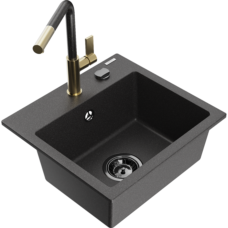 Mexen Milo 1-compartment granite sink with a kitchen mixer tap Flora, spotted black - 6505-76-670401-75-B