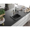 Mexen Milo 1-bowl granite sink with Flora kitchen faucet, black speckled - 6505-76-670401-75-B