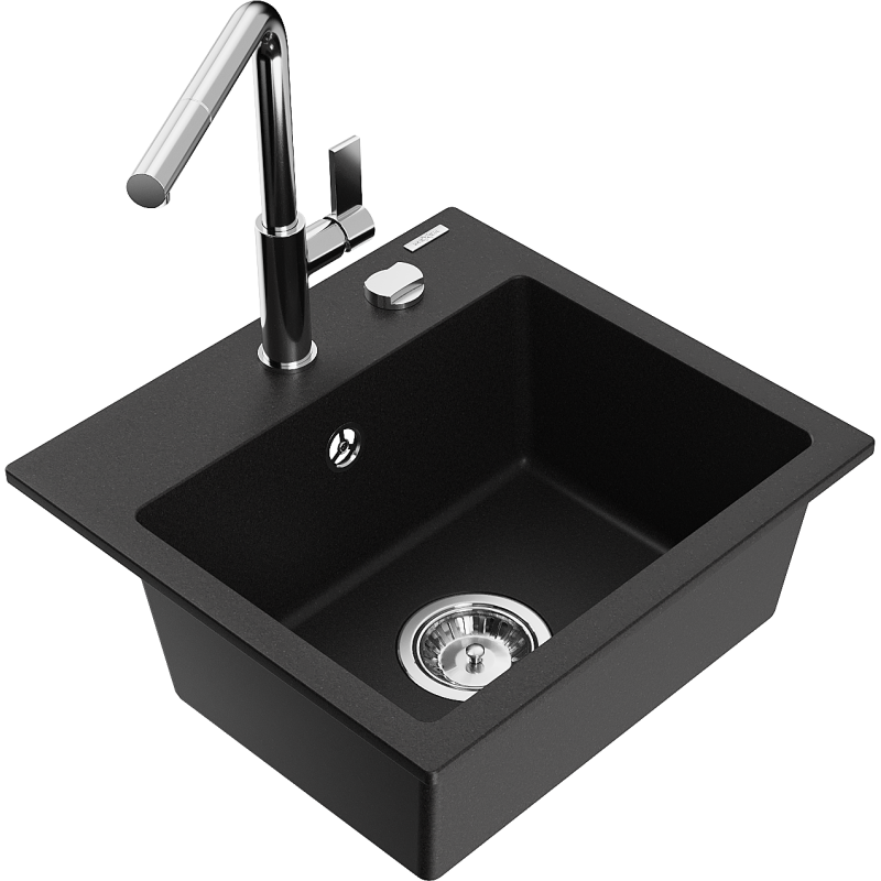 Mexen Milo 1-compartment granite sink with a kitchen mixer tap Flora, Black - 6505-77-670401-00