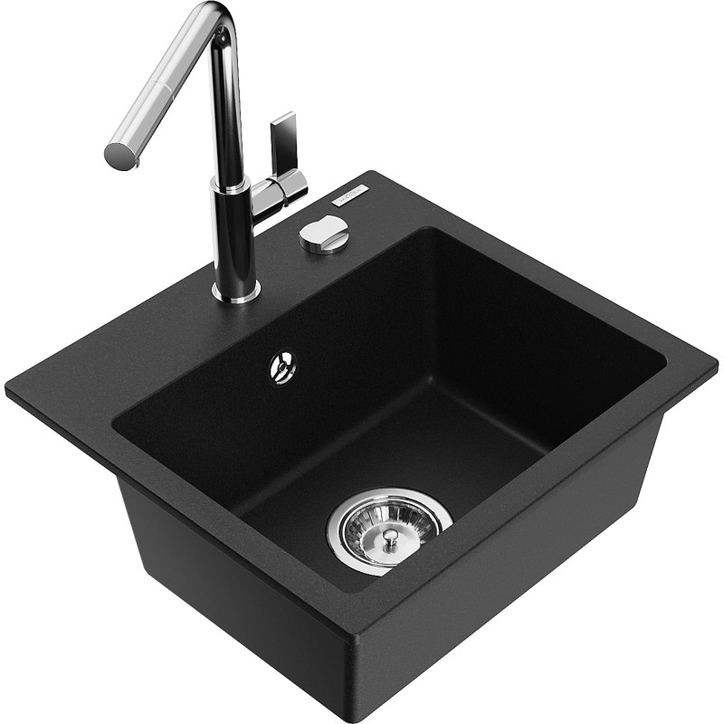 Mexen Milo granite kitchen sink 1-bowl with Flora kitchen faucet, black - 6505-77-670401-00