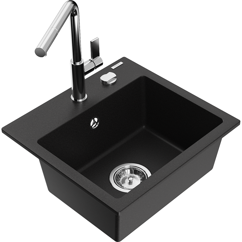 Mexen Milo granite sink 1-bowl with Flora kitchen tap, black - 6505-77-670401-00
