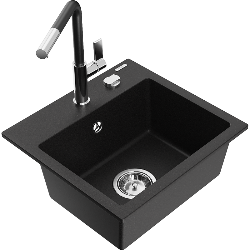 Mexen Milo 1-bowl granite kitchen sink with Flora tap, black - 6505-77-670401-07