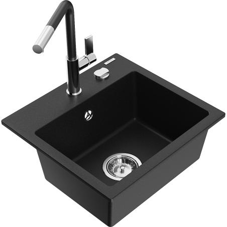 Mexen Milo 1-bowl granite kitchen sink with Flora tap, black - 6505-77-670401-07