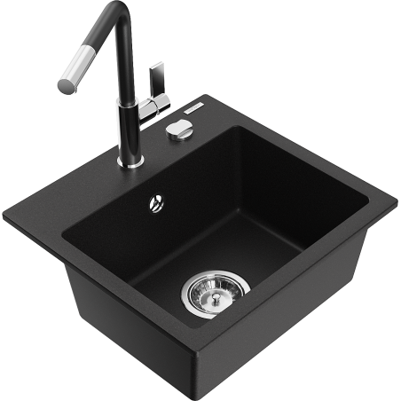 Mexen Milo granite kitchen sink 1-bowl with Flora kitchen faucet, black - 6505-77-670401-07