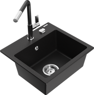 Mexen Milo granite sink single-bowl with Flora kitchen faucet, black - 6505-77-670401-07
