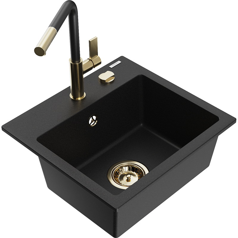 Mexen Milo 1-bowl granite sink with Flora kitchen faucet, black - 6505-77-670401-57-G