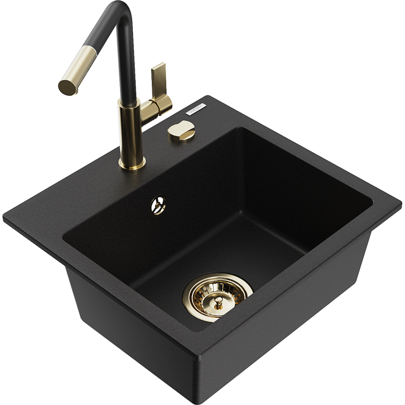 Mexen Milo 1-compartment granite sink with a kitchen mixer tap Flora, Black - 6505-77-670401-57-G
