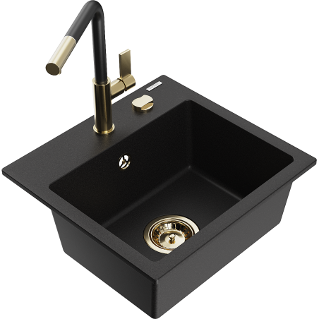 Mexen Milo 1-bowl granite sink with Flora kitchen tap, black - 6505-77-670401-57-G