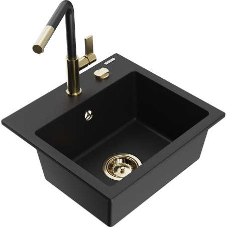 Mexen Milo 1-compartment granite sink with a kitchen mixer tap Flora, Black - 6505-77-670401-57-G