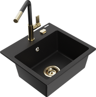 Mexen Milo 1-compartment granite sink with a kitchen mixer tap Flora, Black - 6505-77-670401-57-G