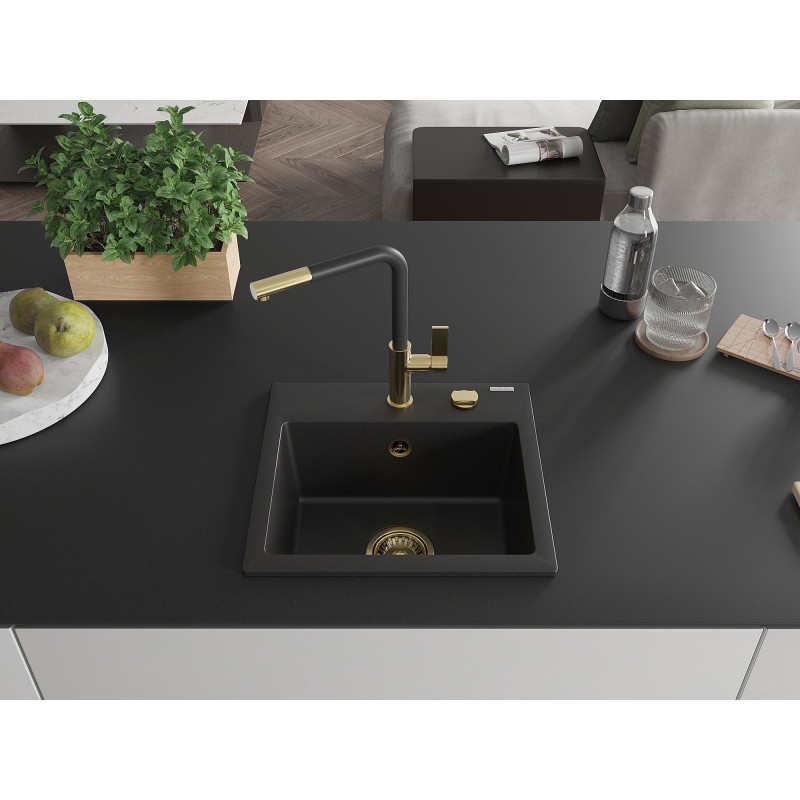 Mexen Milo 1-bowl granite sink with Flora kitchen faucet, black - 6505-77-670401-57-G