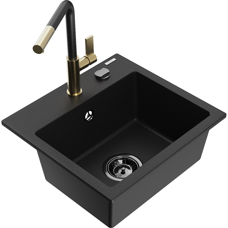 Mexen Milo 1-bowl granite sink with Flora kitchen faucet, black - 6505-77-670401-57-B